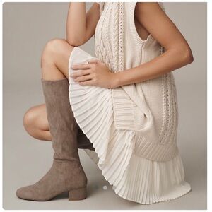 Anthropologie Taupe Suede Tall Block Heel Boots